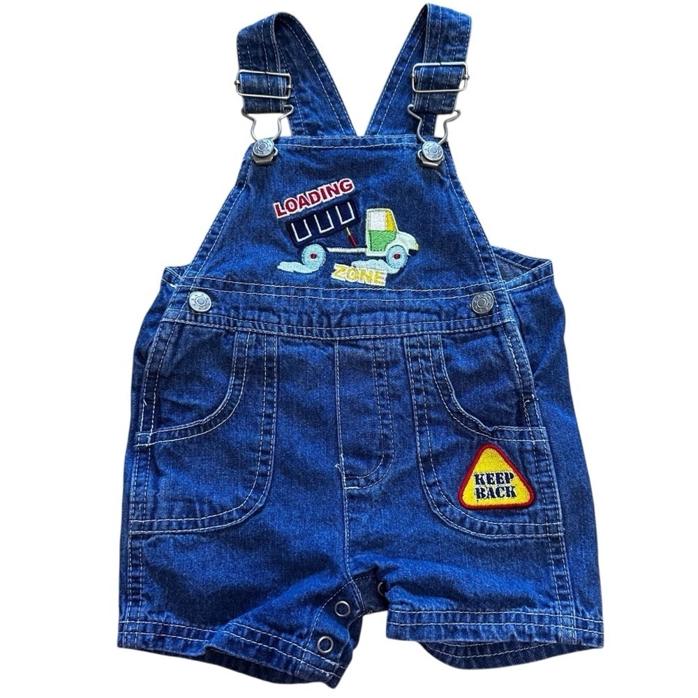 VTG Denim Overalls Short Bibs Dump Truck Loading Zone Embroidered Size 6/9 Month